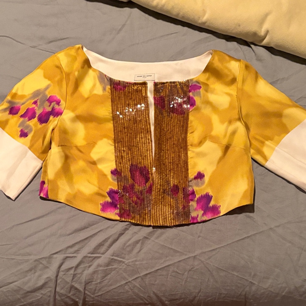 Dries Van Noten Elegant Yellow and Purple Crop Top with Beaded detail